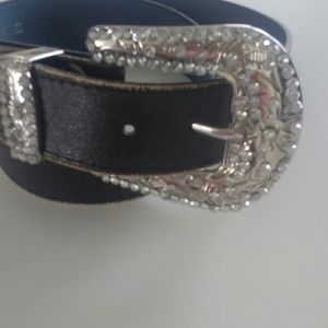 Black Distressed leather belt w/Rhinestone buckle